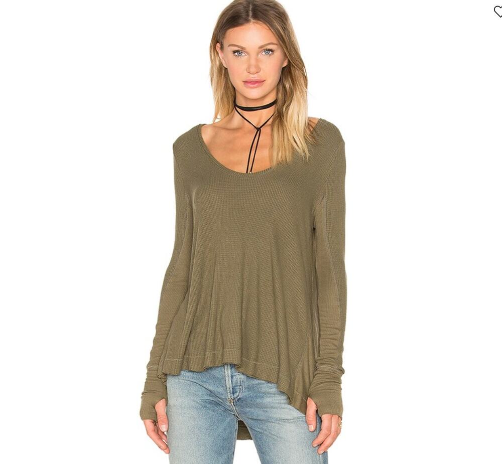 We the Free People Malibu Thermal Top Raw Hem Hi Low Army Green Tunic Sz S Small